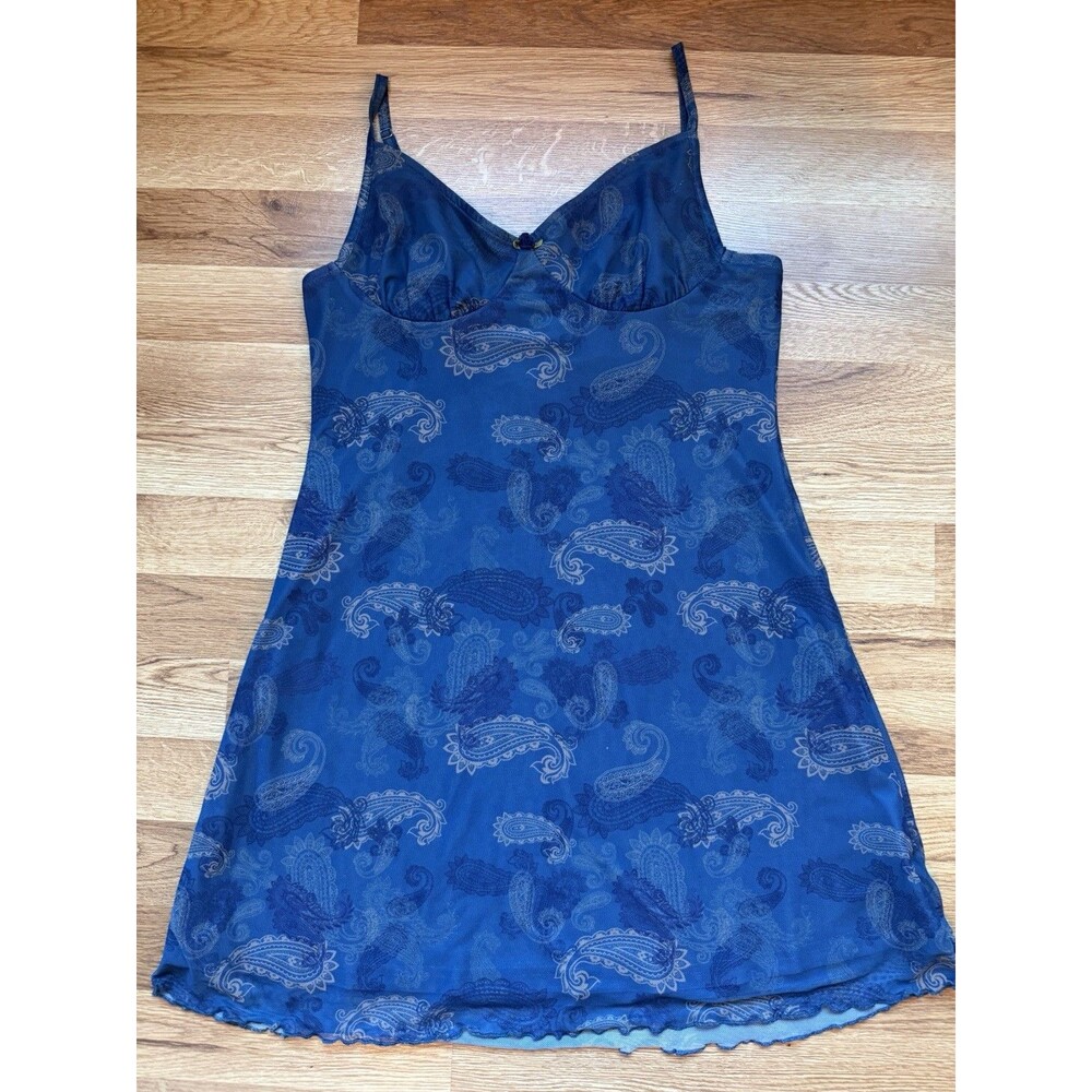 CIDER Y2K Blue Paisley Mesh Mini Slip Dress Women M Sheer Spaghetti Strap